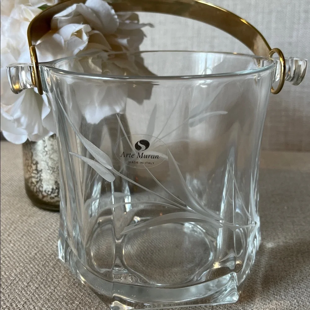 Arte Murano Made in Italy Vintage Wheat Etched Glass Ice Bucket